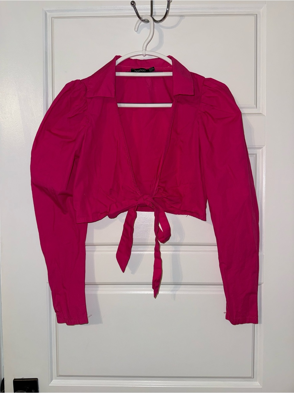 Boohoo Hot Pink Tie-Front Cropped Button-Down Blouse